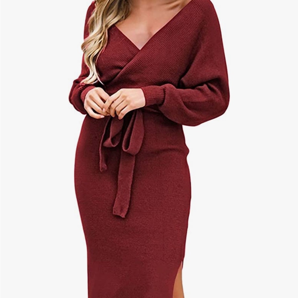 Wine Red Waist Tie Bodycon Maxi Dress - Picture 2 of 7